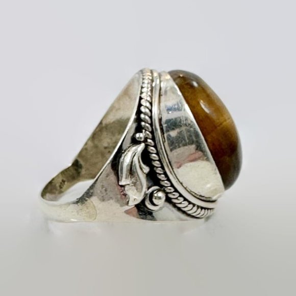 Tiger Eye Ring, Sterling Silver, Tiger's Eye Stone, Brown,Big Stone, Statement - Picture 4 of 7